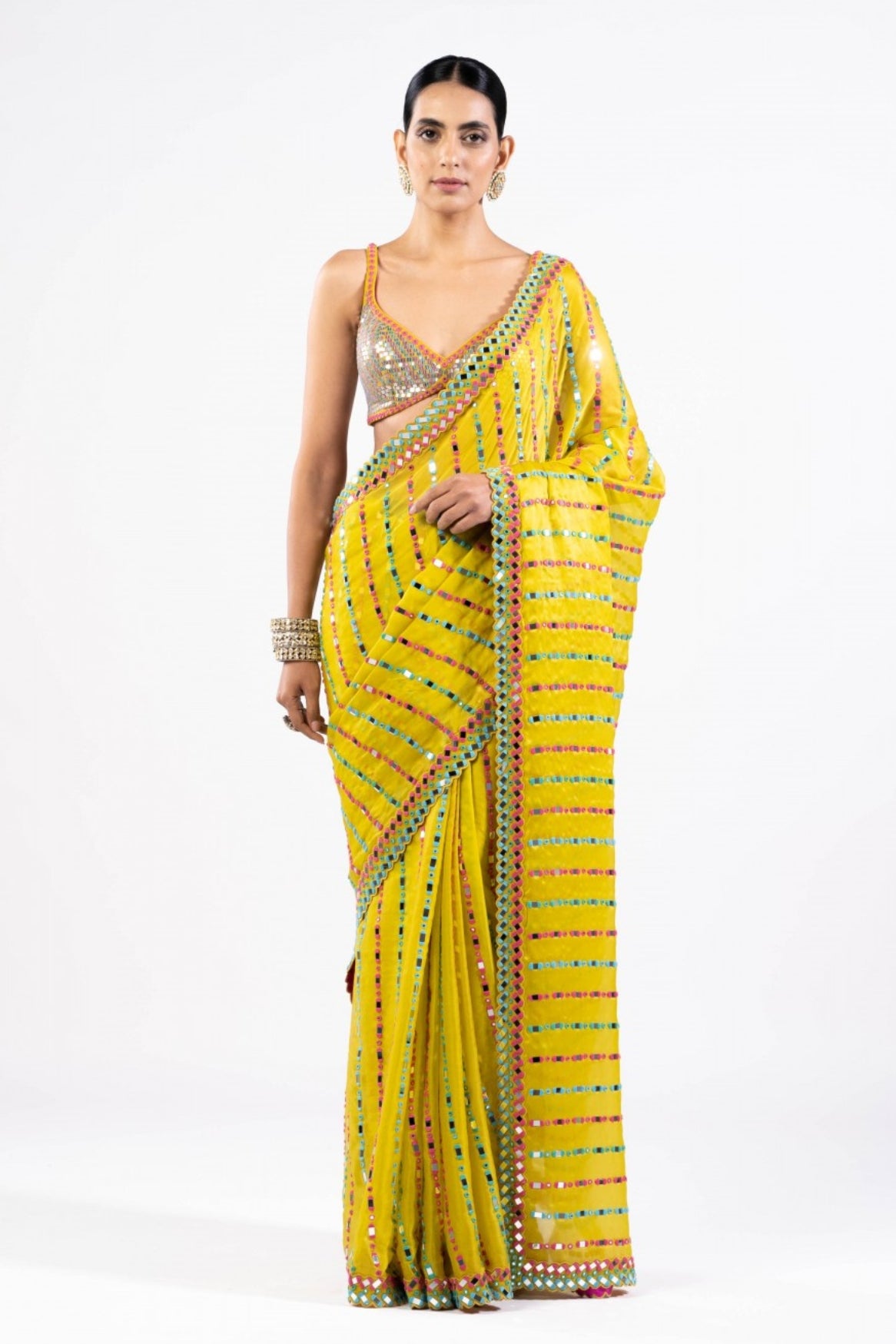 Moss Green Mirror Saree With Metallic Blouse