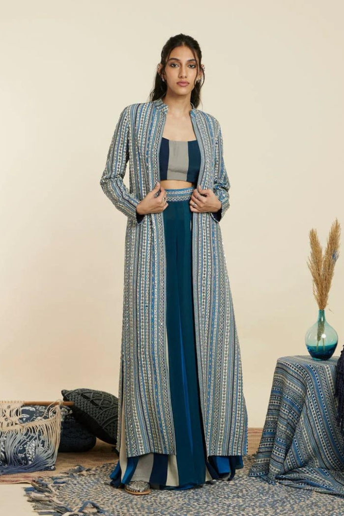BLUE BOHO STRIPE EMBELLISHED CAPE SET