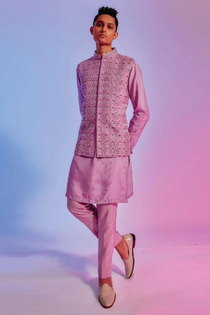 LILAC KURTA WITH EMBELLISHED COLLAR AND KURTA PATTI AND PANTS PAIRED WITH LILAC INTRICATE EMBELLISHED BUNDI