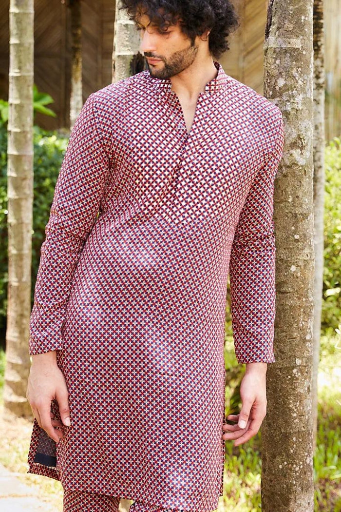 RASA RED GEO PRINTED KURTA WITH HIGHLITED YOKE, COLLAR AND KURTA PATTI AND RED GEO PRINTED PANTS