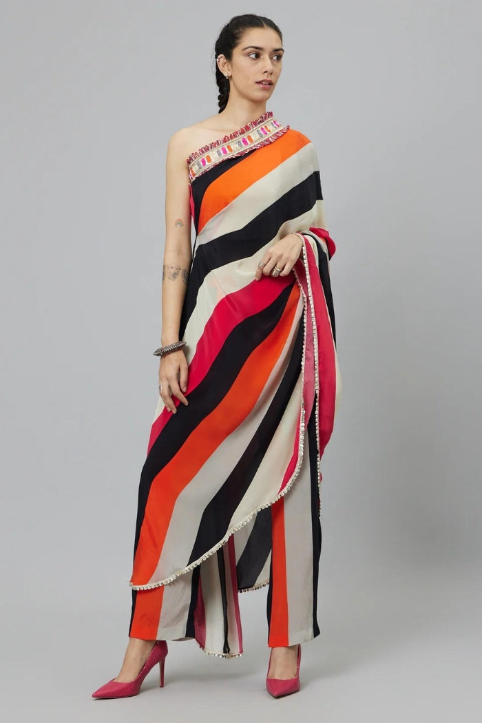 SHAHAR STRIPE PRINT ONE SHOULDER SAREE WITH PANTS