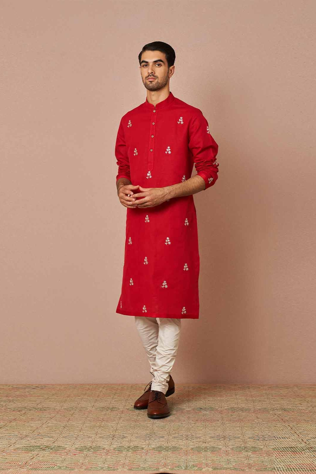 RED LINEN EMBROIDERED KURTA SET