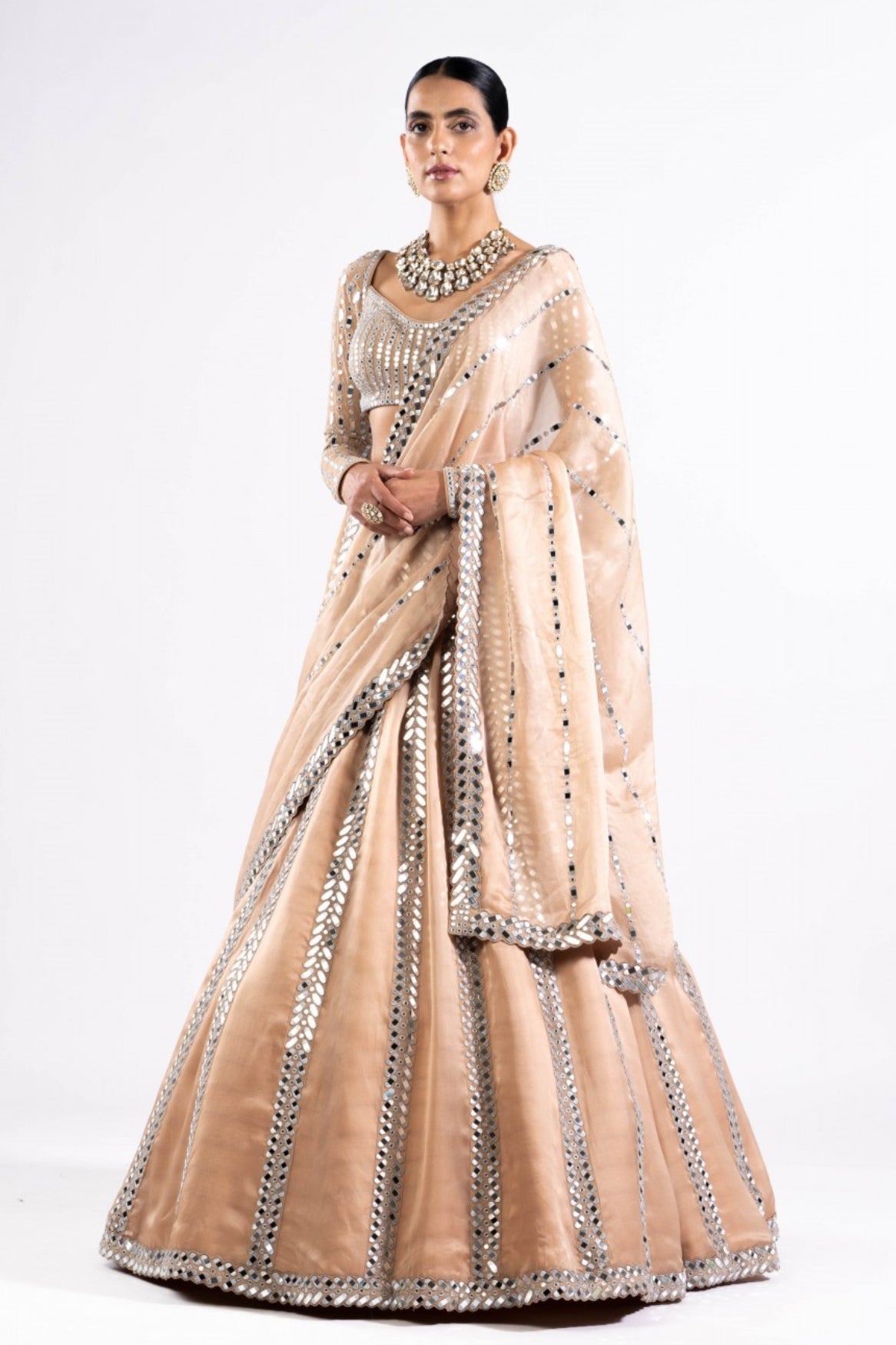 Beige Mirror Seam Lehenga With Mirror Blouse