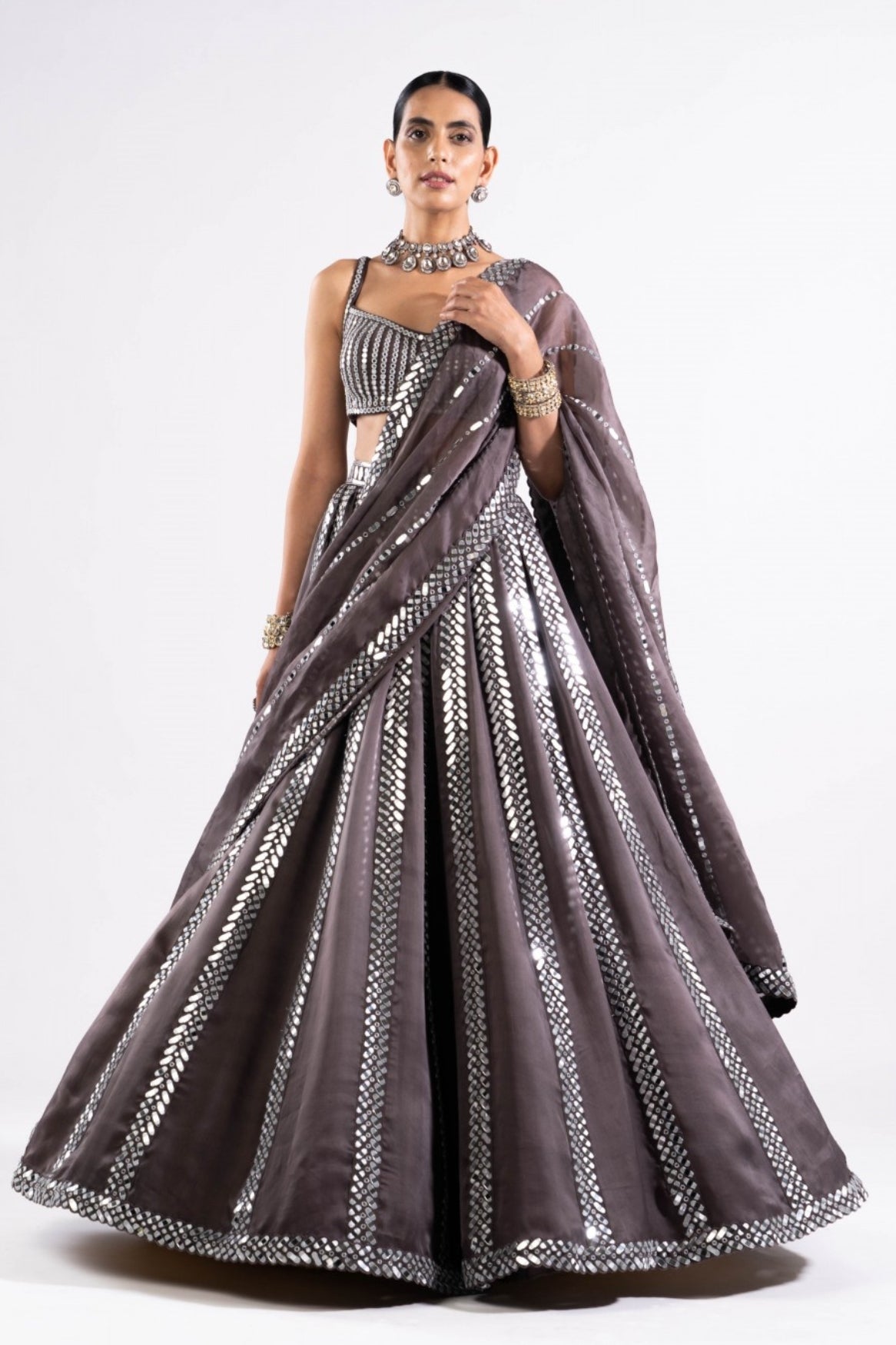Charcoal Grey Mirror Seam Lehenga With Mirror Blouse