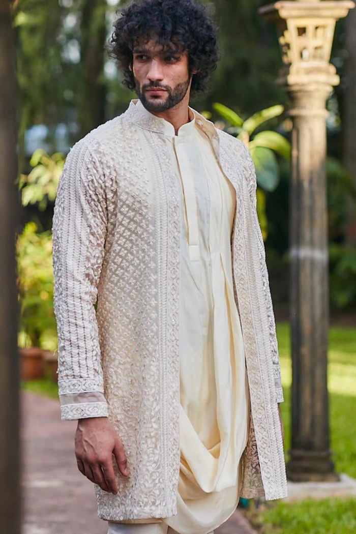 BEIGE SLEEVELESS DRAPE KURTA WITH PANTS