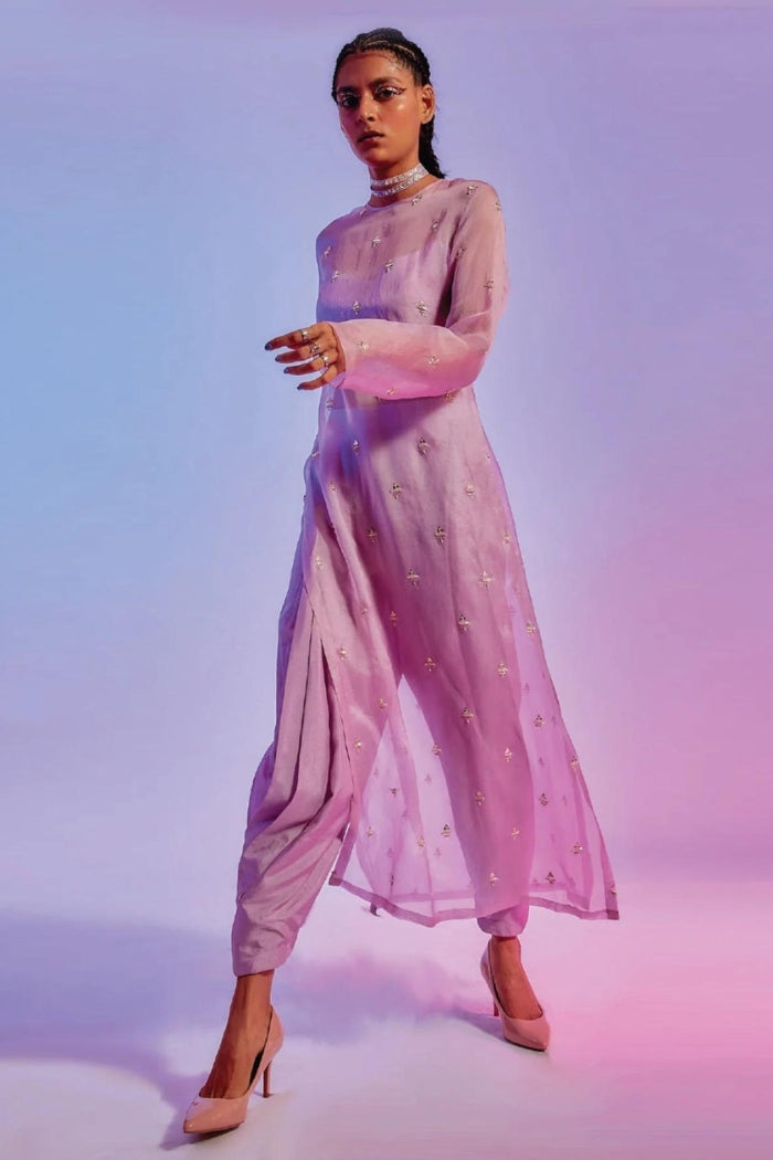 LILAC DRAPED PANTS WITH BUSTIER TEAMED WITH AN ORGANZA OVERLAY