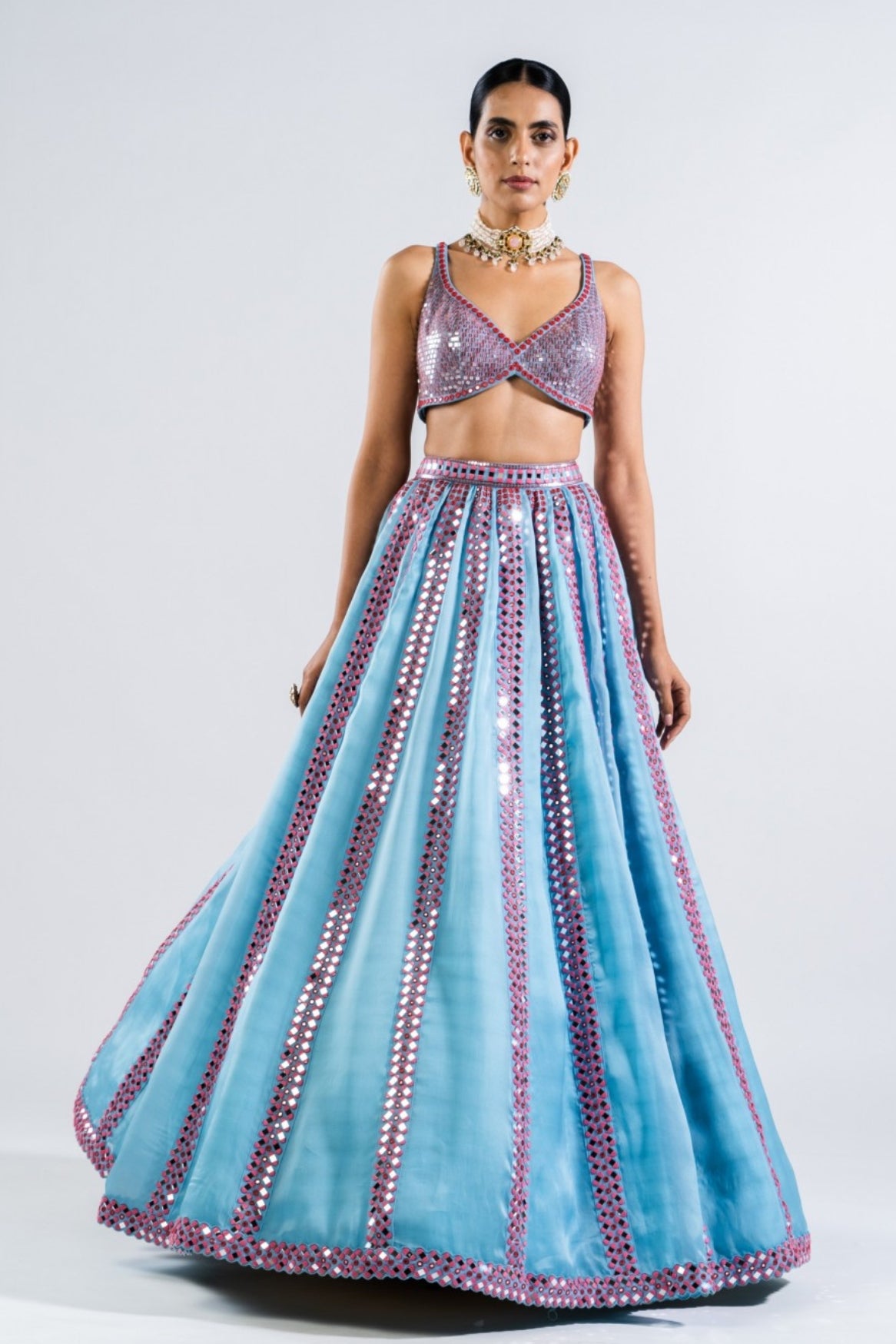 Ice Blue Mirror Seam Lehenga Set