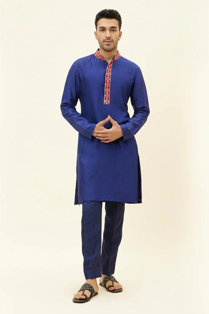 BLUE SOLID COLOUR KURTA WITH EMB ON COLLAR AND KURTA PATTI BLUE SOLID COLOUR PANTS