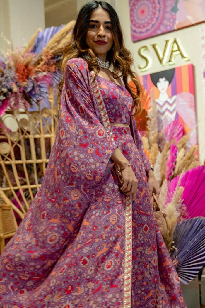 PURPLE SAANJH PRINT BUSTIER WITH PANTS AND CAPE JACKET