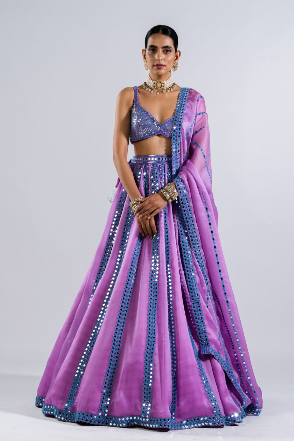 Mauve Mirror Seam Lehenga Set With Metallic Blouse