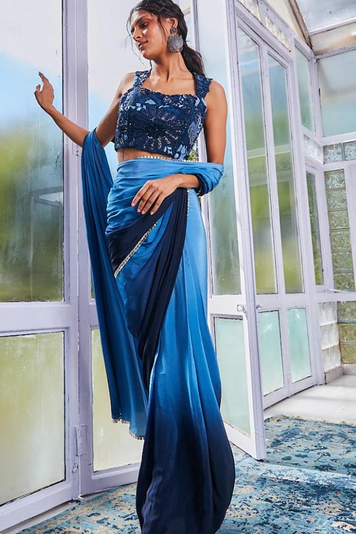 BLUE OMBRÉ DRAPE SAREE WITH CORSET