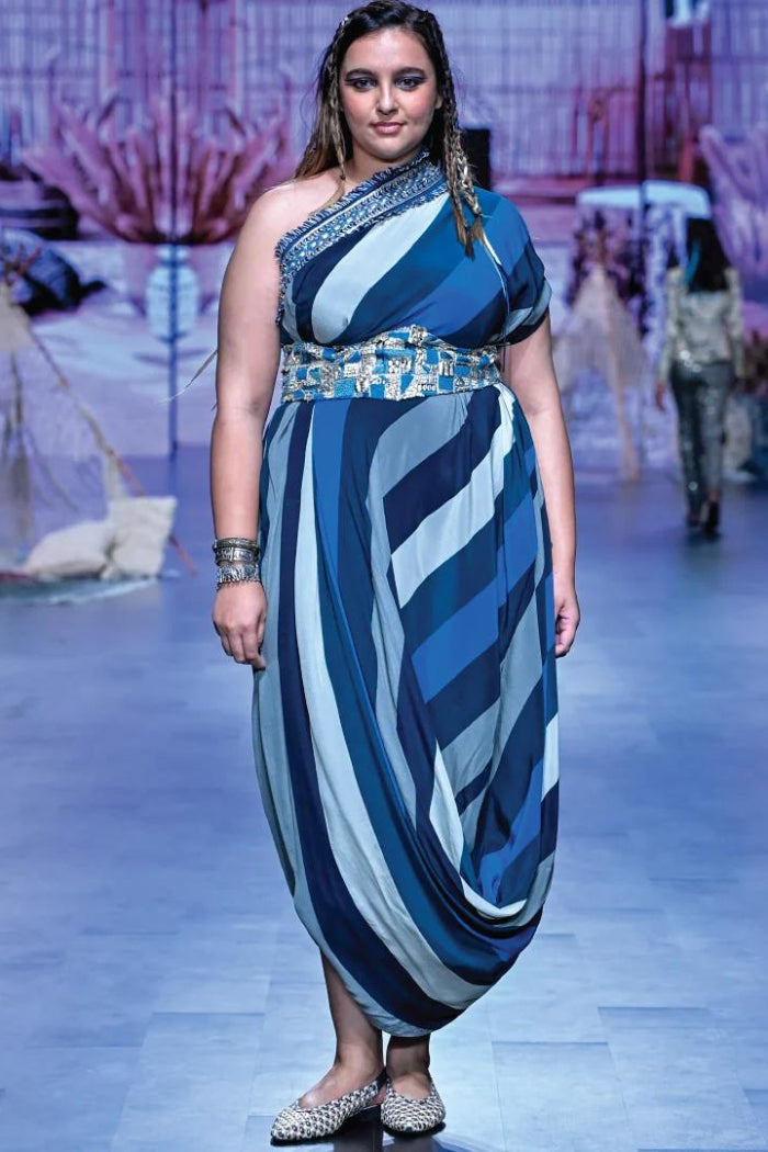 Blue Stripe Print One Shoulder Cowl Dress 2