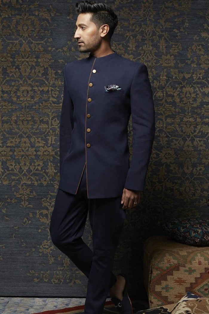 DARK BLUE DENIM BANDHGALA WITH SUED DETAILING PAIRED WITH DENIM JODHPURI PANTS