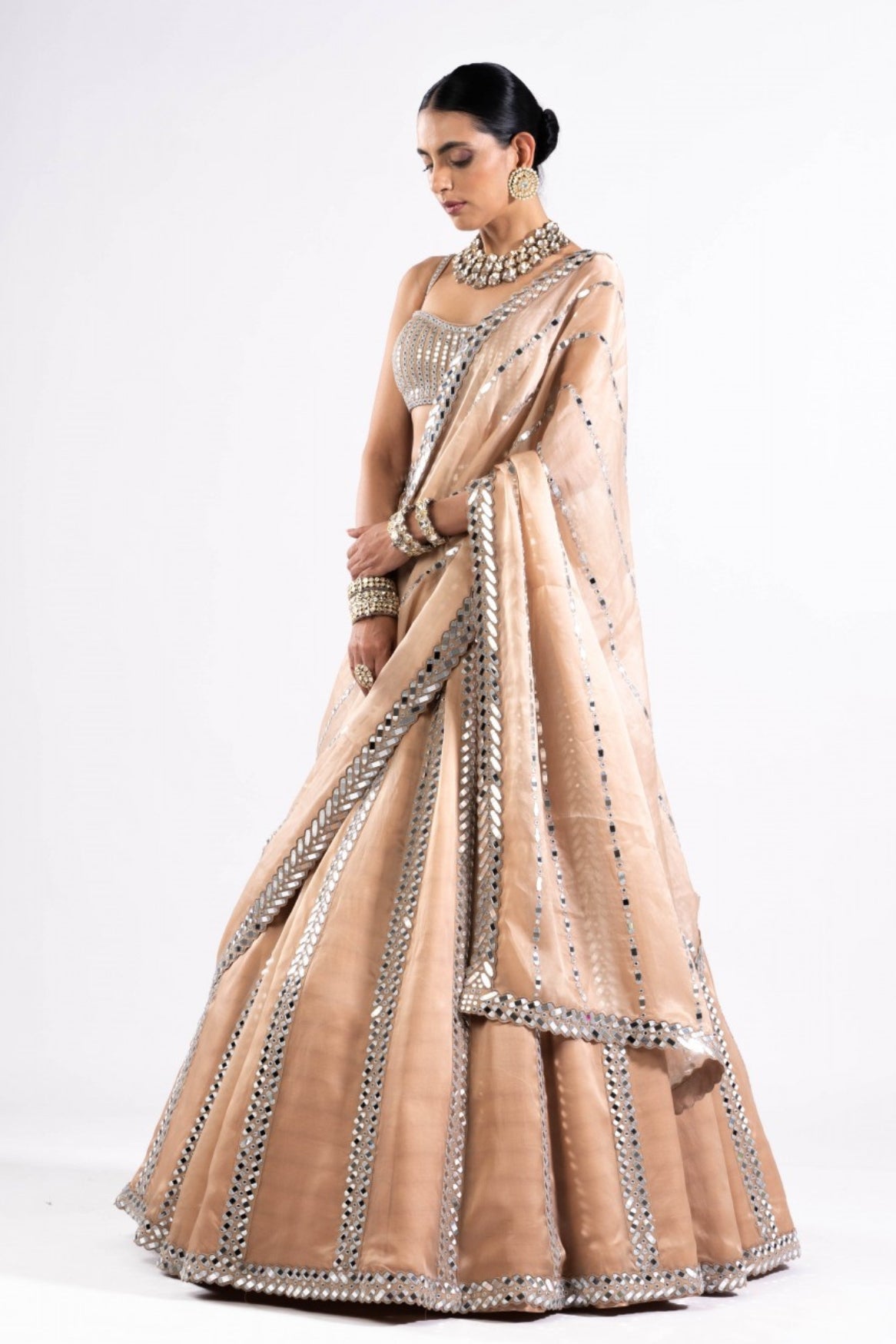 Beige Mirror Seam Lehenga Set