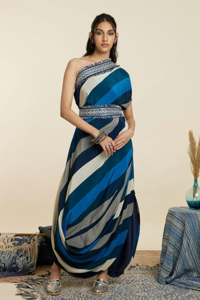 BLUE STRIPE PRINT ONE SHOULDER COWL DRESS