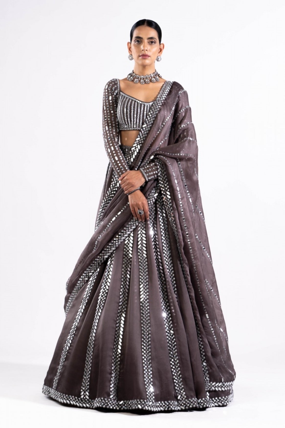 Charcoal Grey Mirror Seam Lehenga Set