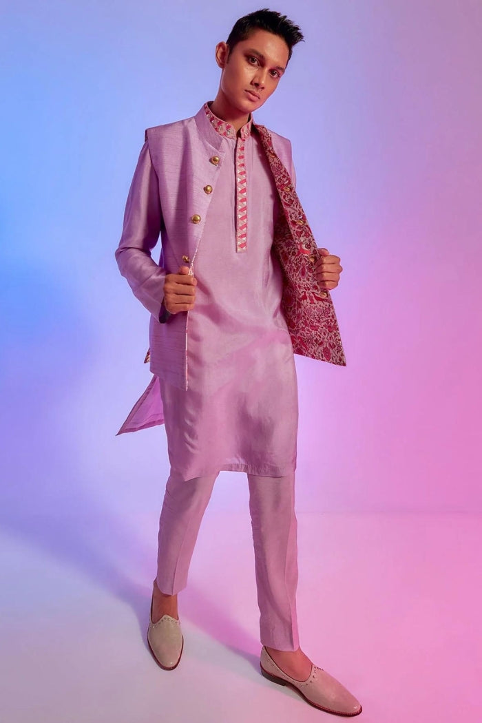 LILAC AND IVORY SAANJH FLORAL REVERSIBLE BUNDI