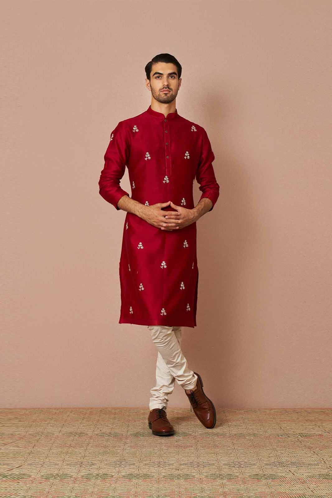 RED EMBROIDERED SILK KURTA SET
