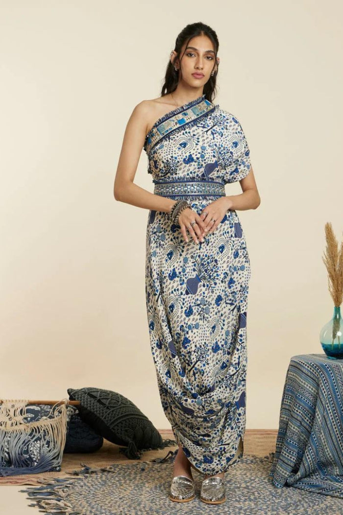 BLUE SAFAR JAAL PRINT ONE SHOULDER COWL DRESS