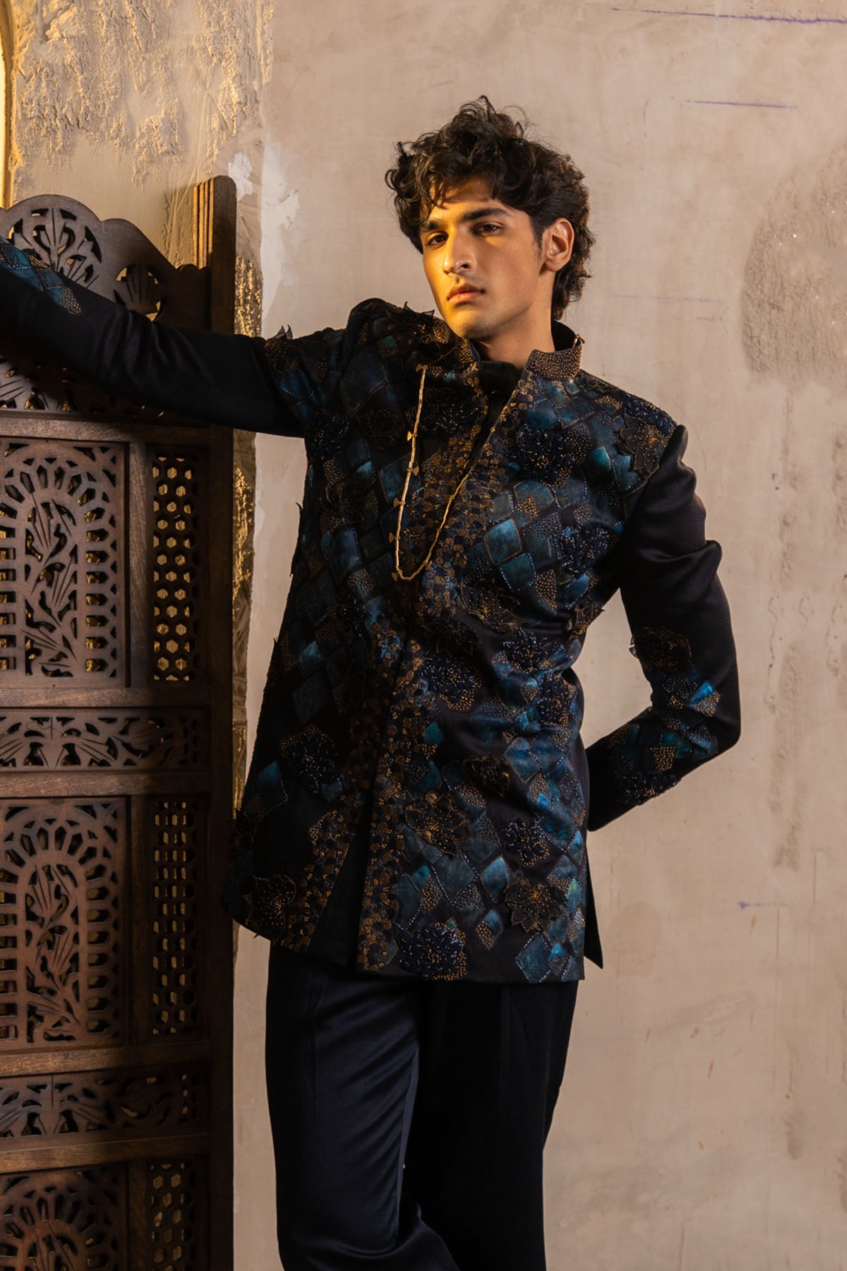 Midnight Blue Handpaint Bandhgala