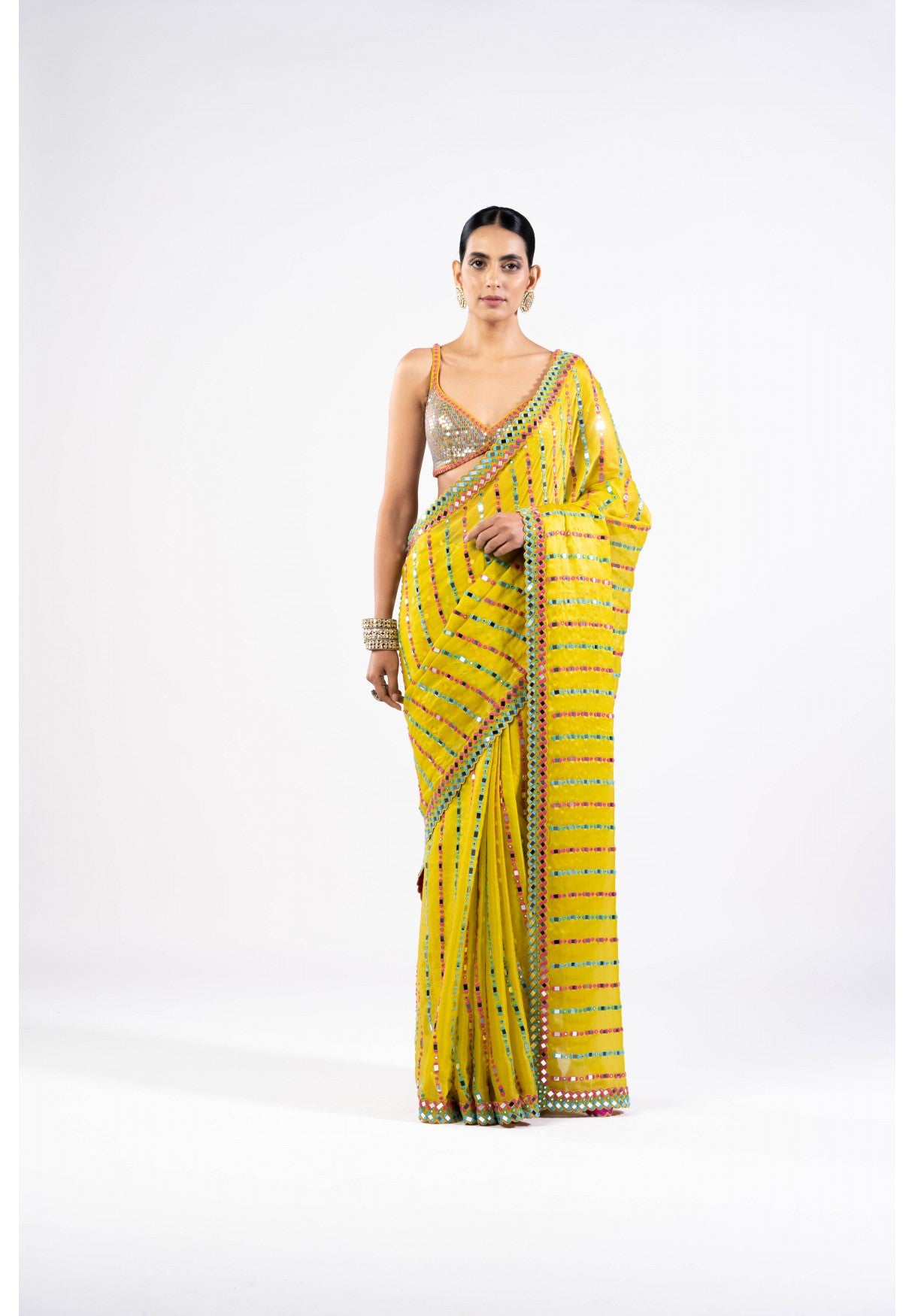 Moss Green Mirror Saree With Metallic Blouse