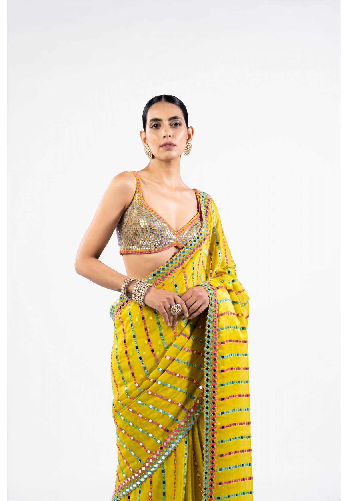 Moss Green Mirror Saree With Metallic Blouse