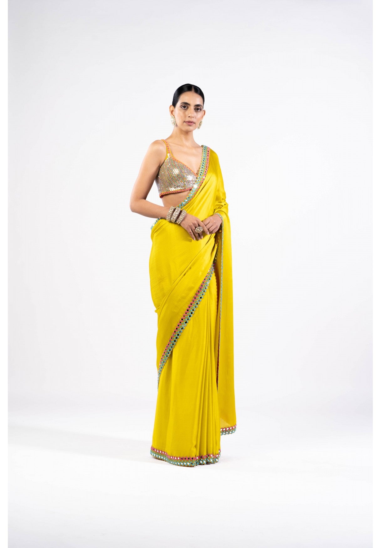 Moss Green Satin Chiffon Saree With Metallic Blouse