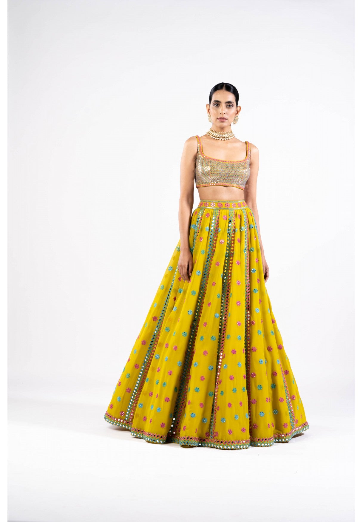 Moss Green Flower Lehenga Set With Metallic Blouse