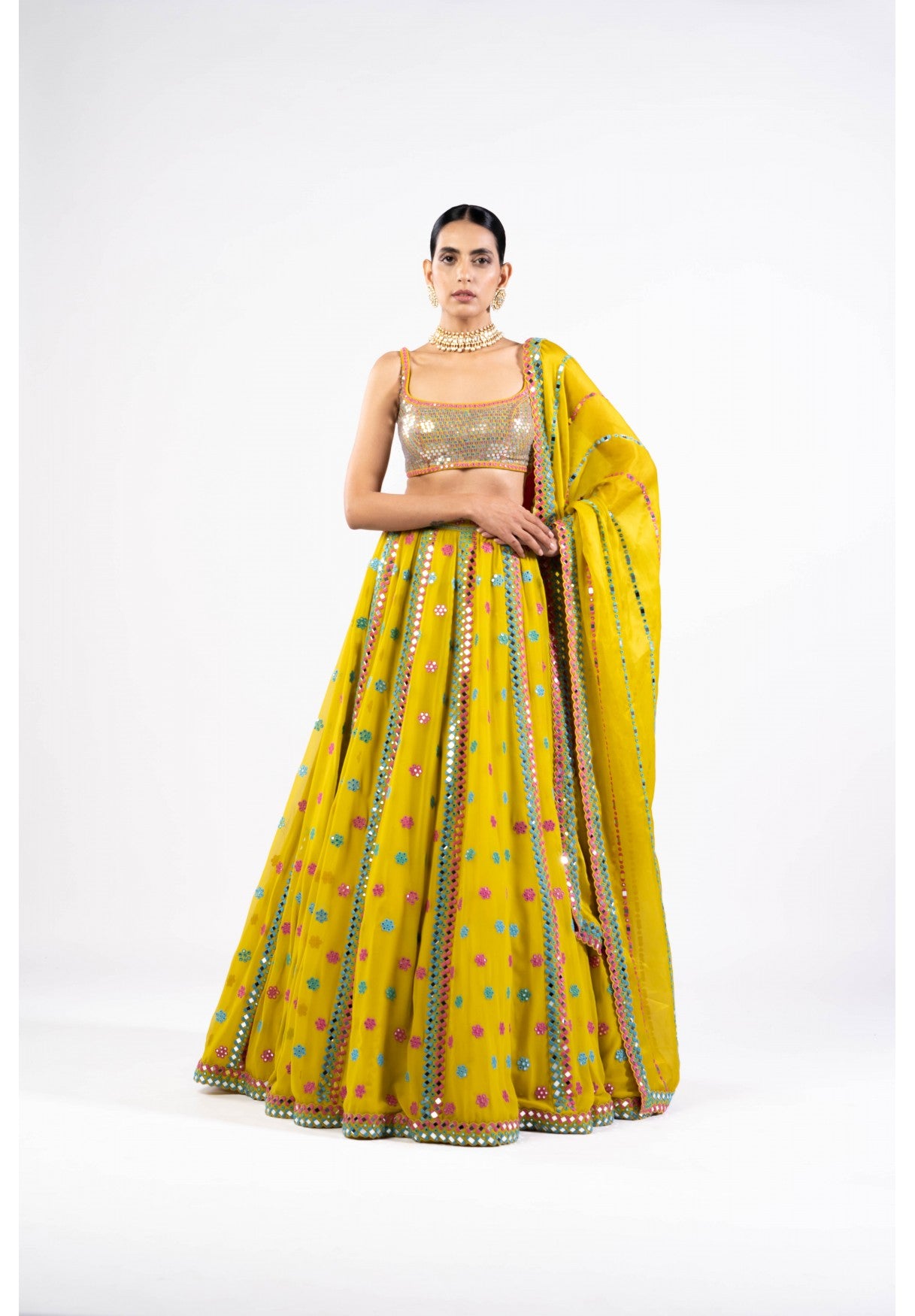 Moss Green Flower Lehenga Set With Metallic Blouse