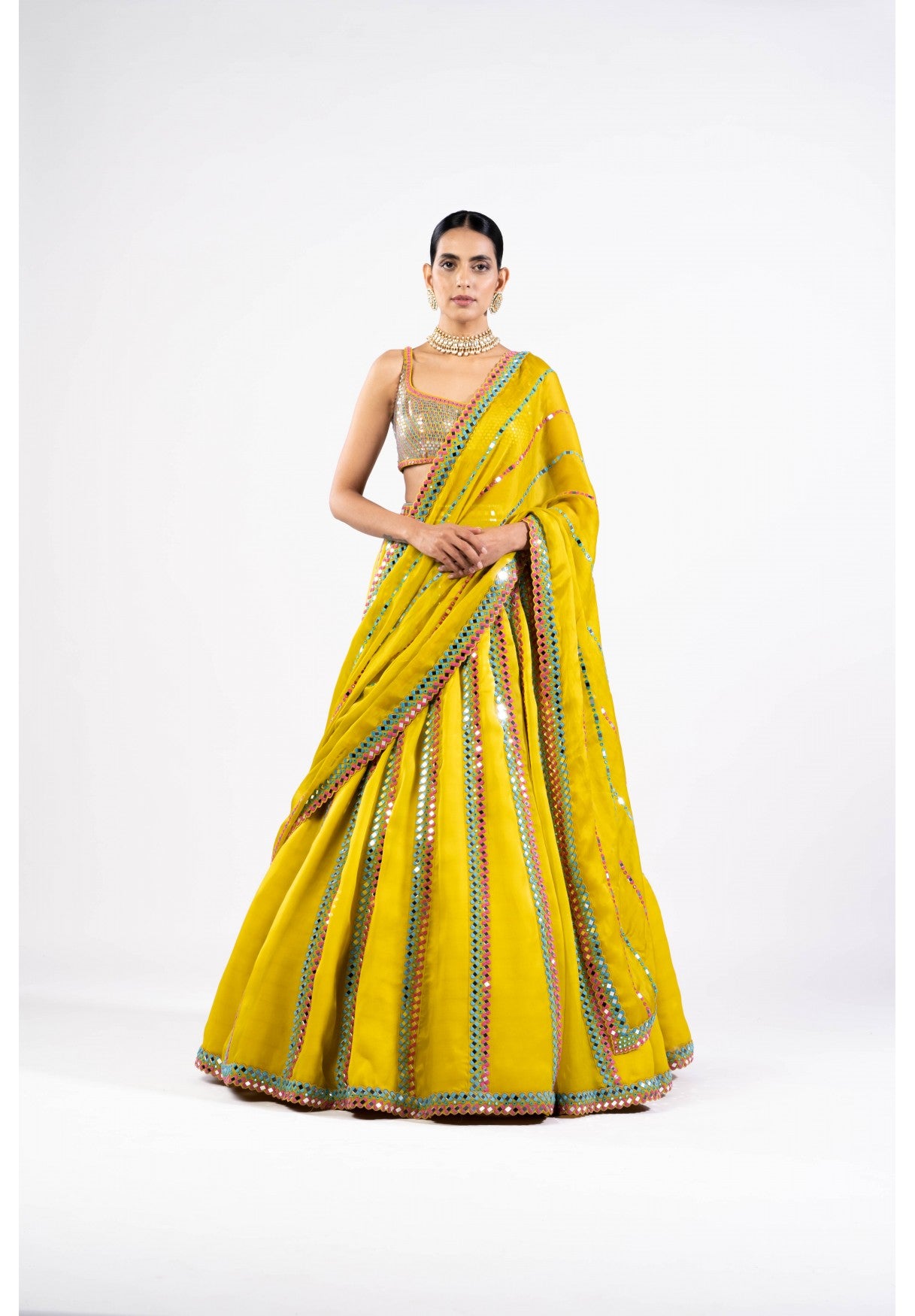 Moss Green Mirror Seam Lehenga Set With Metallic Blouse