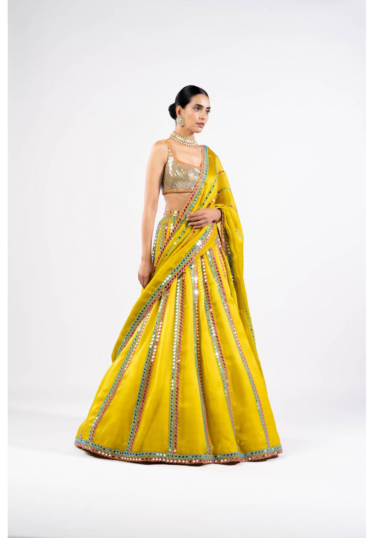 Moss Green Mirror Seam Lehenga Set With Metallic Blouse