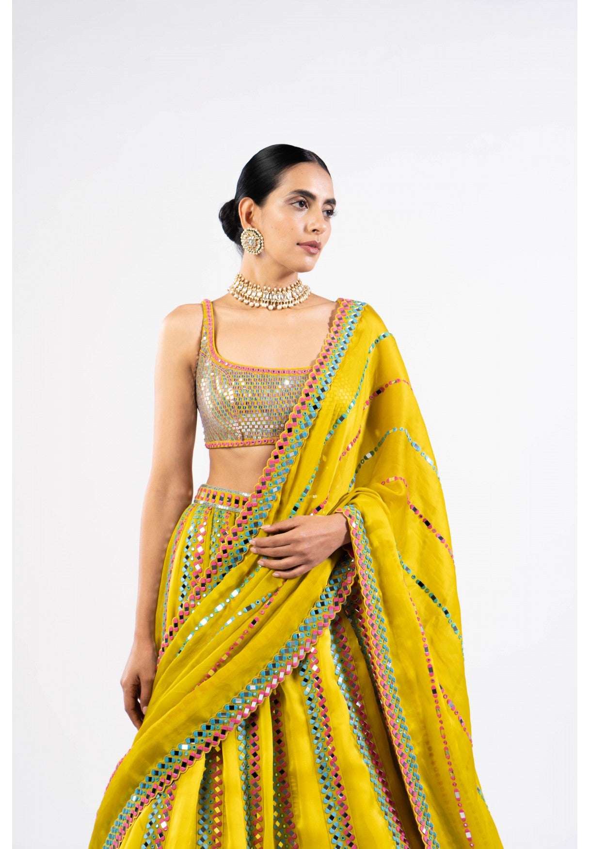 Moss Green Mirror Seam Lehenga Set With Metallic Blouse