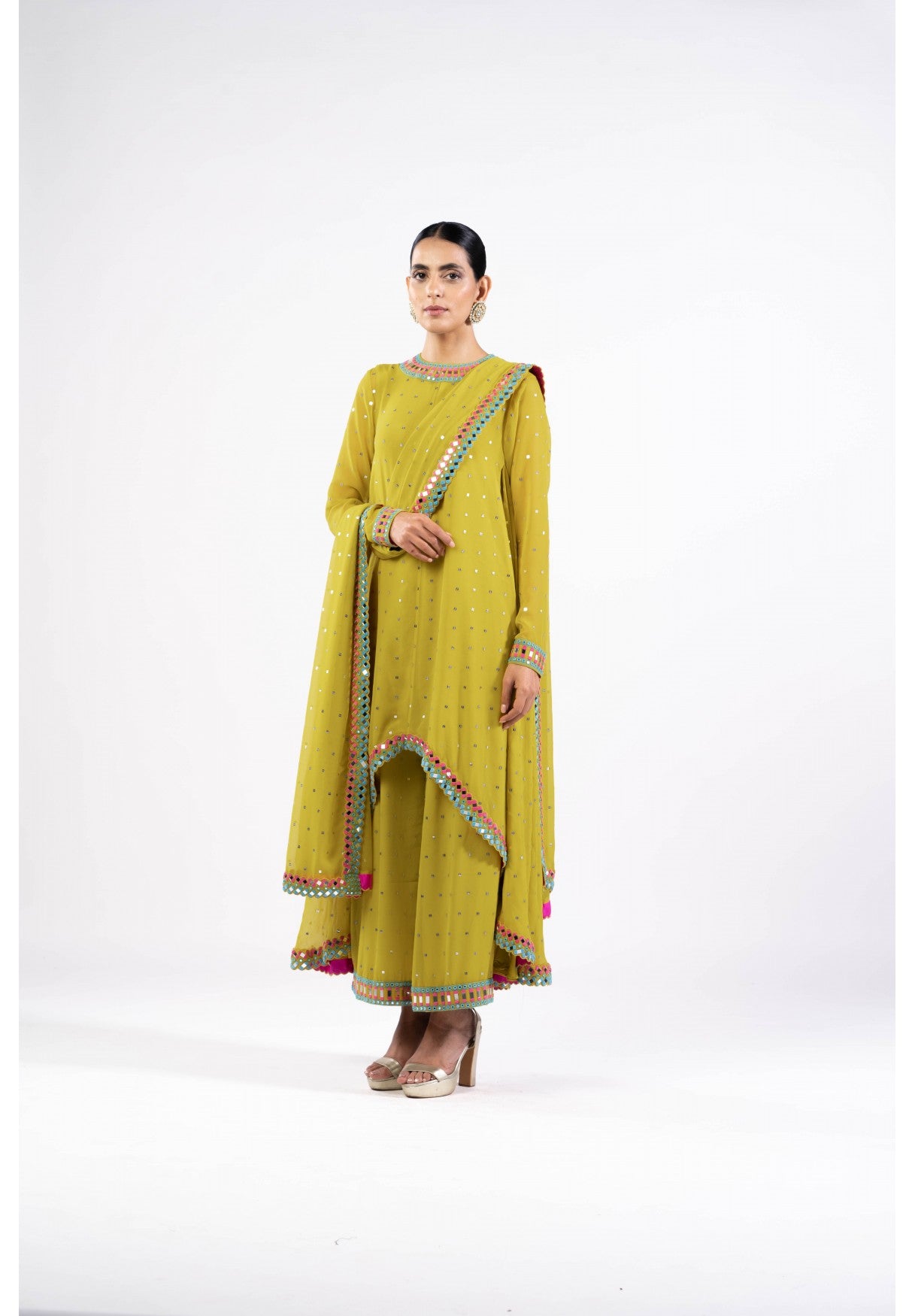 Moss Green Asymmetrical Kurta Set With Dupatta