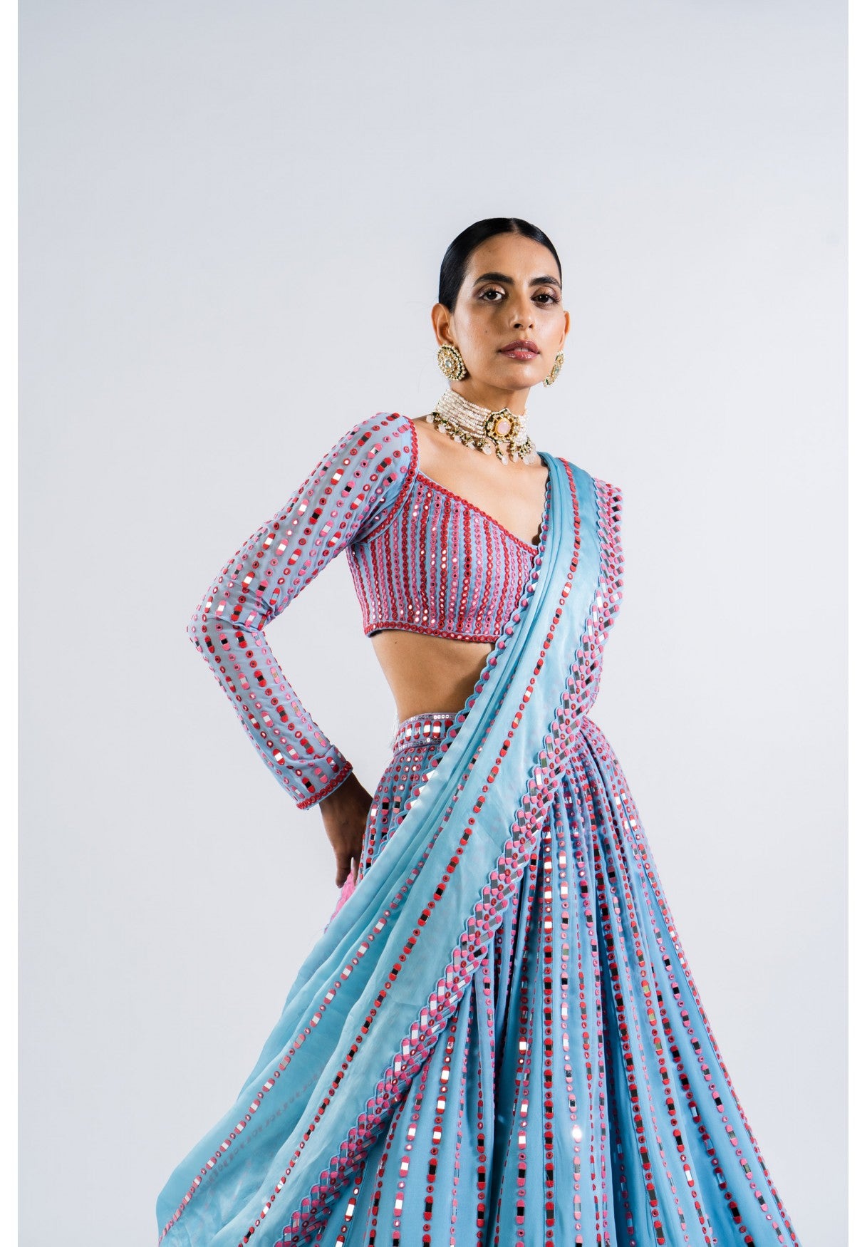 Ice Blue Linear Drop Lehenga Set