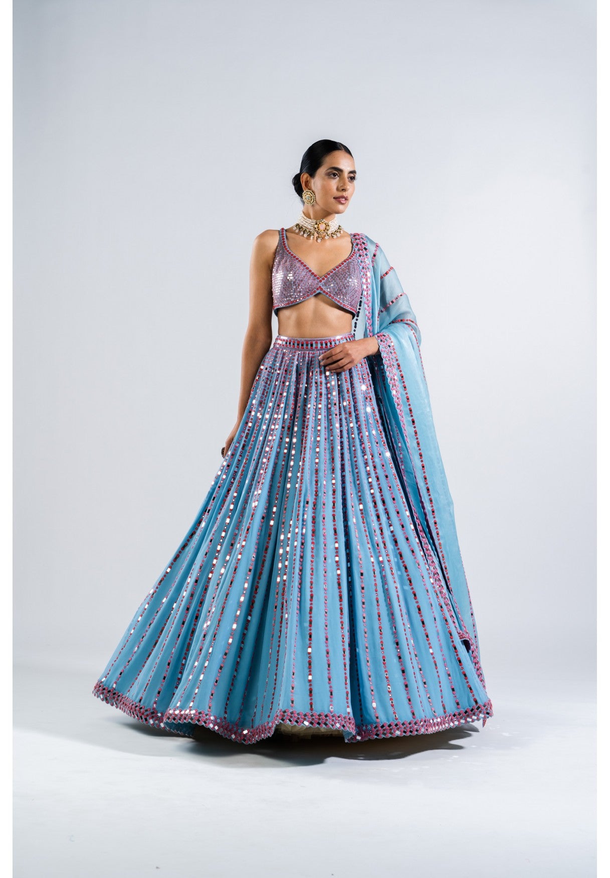 Ice Blue Linear Drop Lehenga With Metallic Blouse