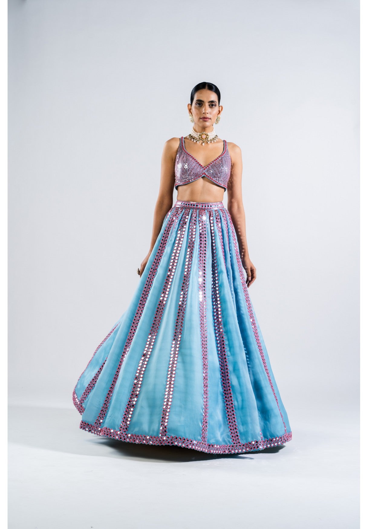 Ice Blue Mirror Seam Lehenga Set