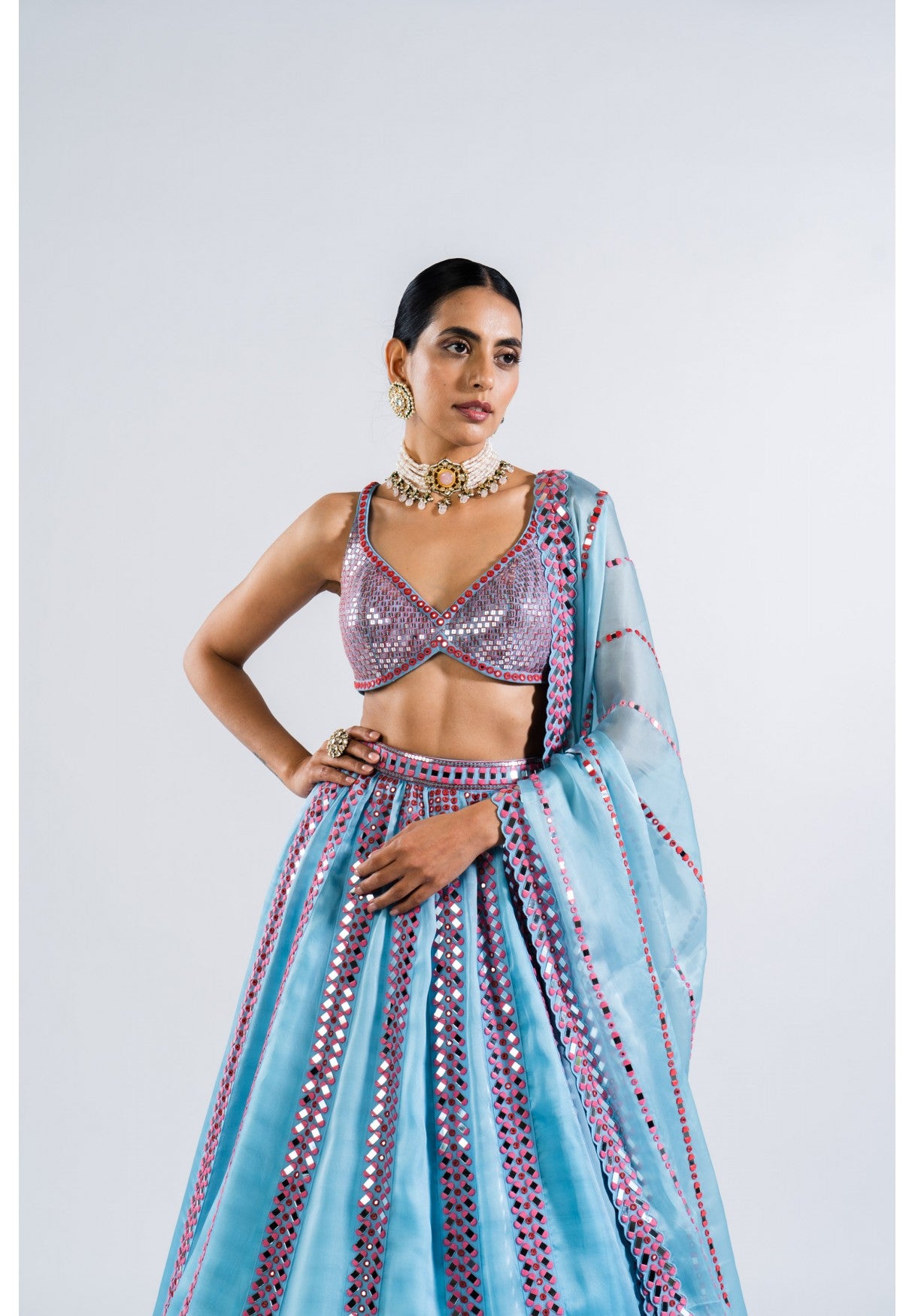 Ice Blue Mirror Seam Lehenga Set