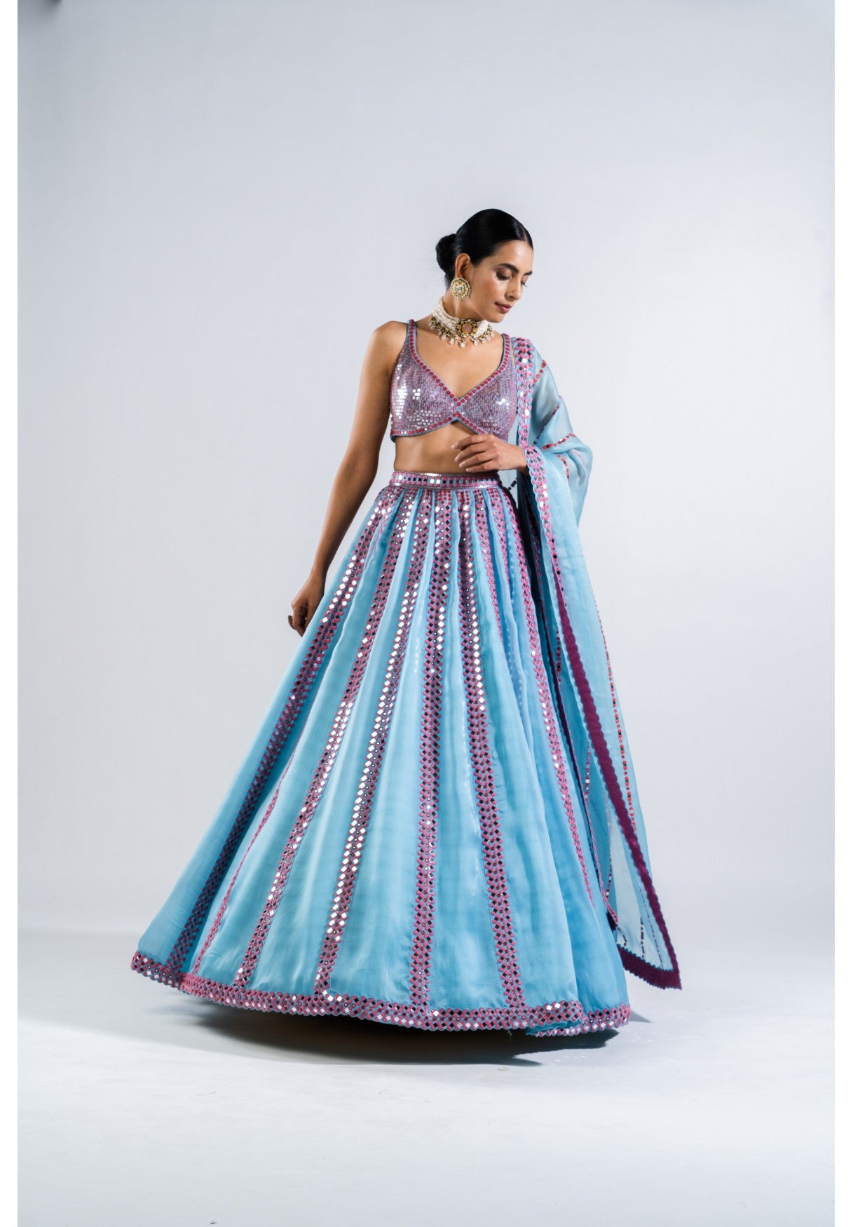 Ice Blue Mirror Seam Lehenga Set