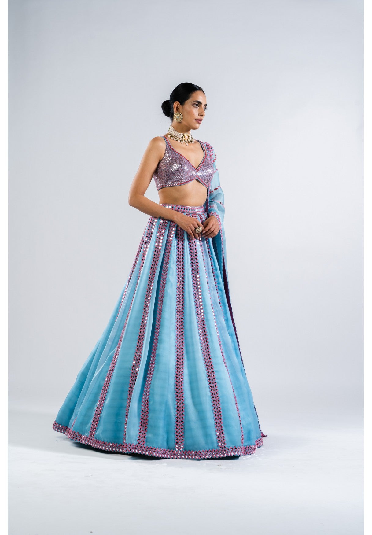 Ice Blue Mirror Seam Lehenga Set