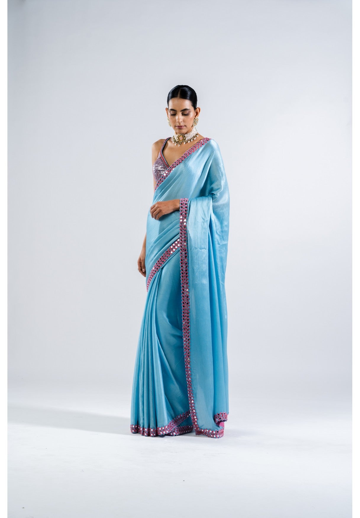 Ice Blue Satin Chiffon Saree Set