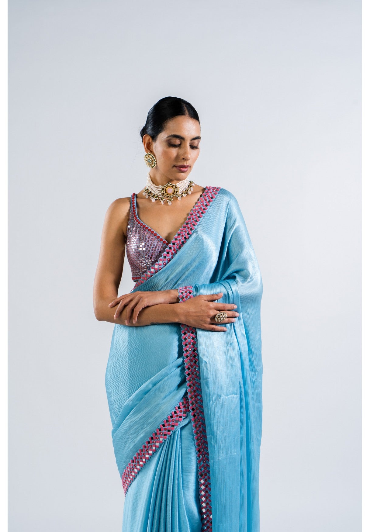Ice Blue Satin Chiffon Saree Set