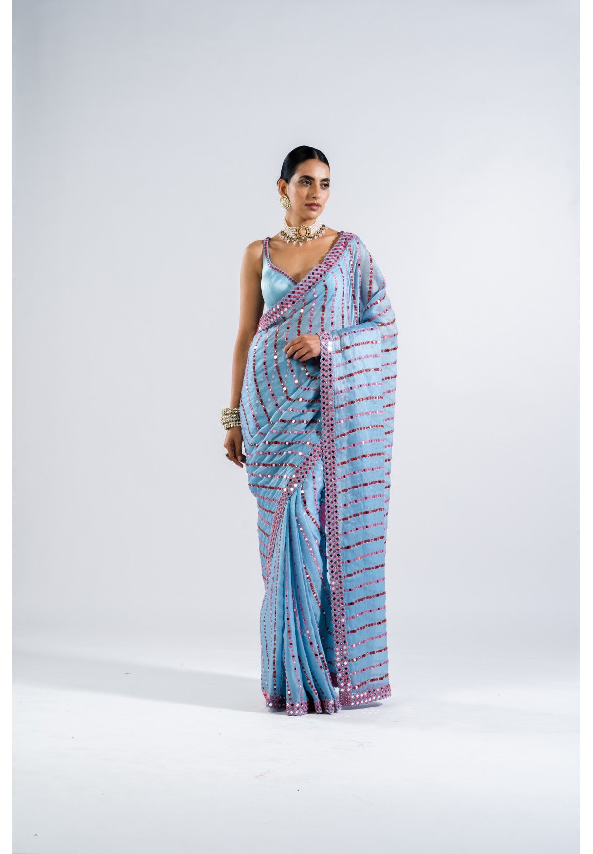 Ice Blue Heavy Mirror Work Saree Set