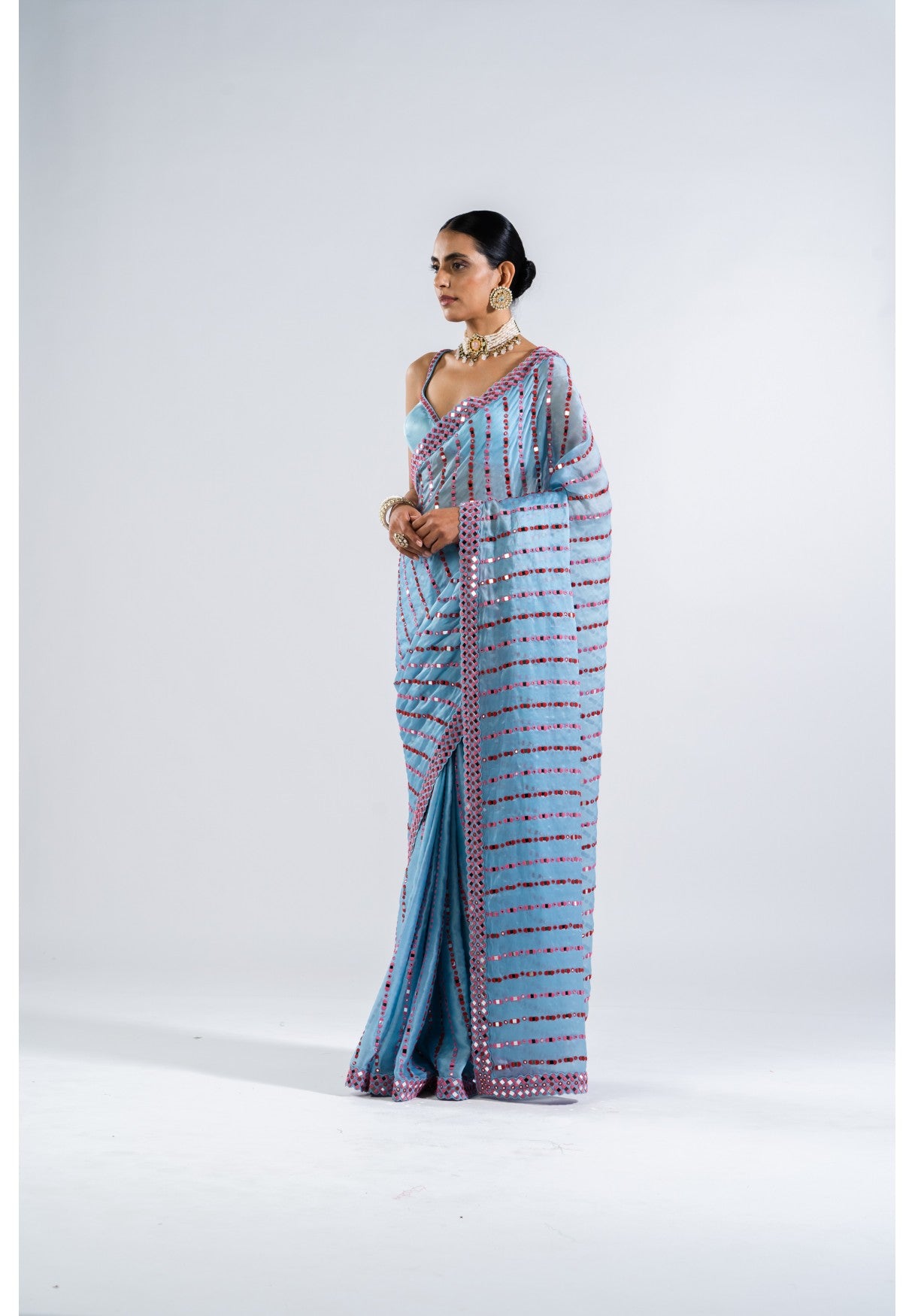 Ice Blue Heavy Mirror Work Saree Set