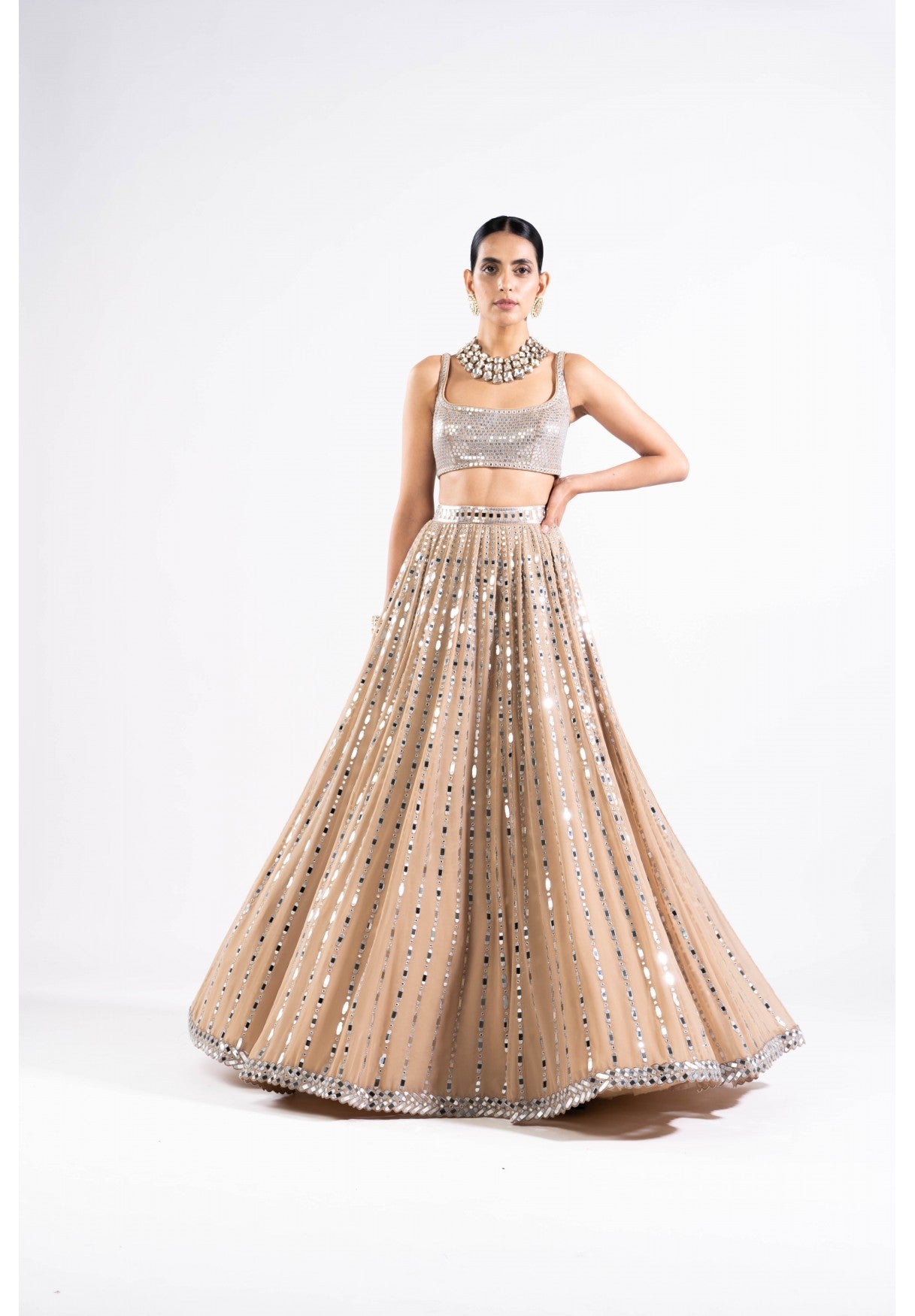 Beige Linear Drop Lehenga With Metallic Blouse