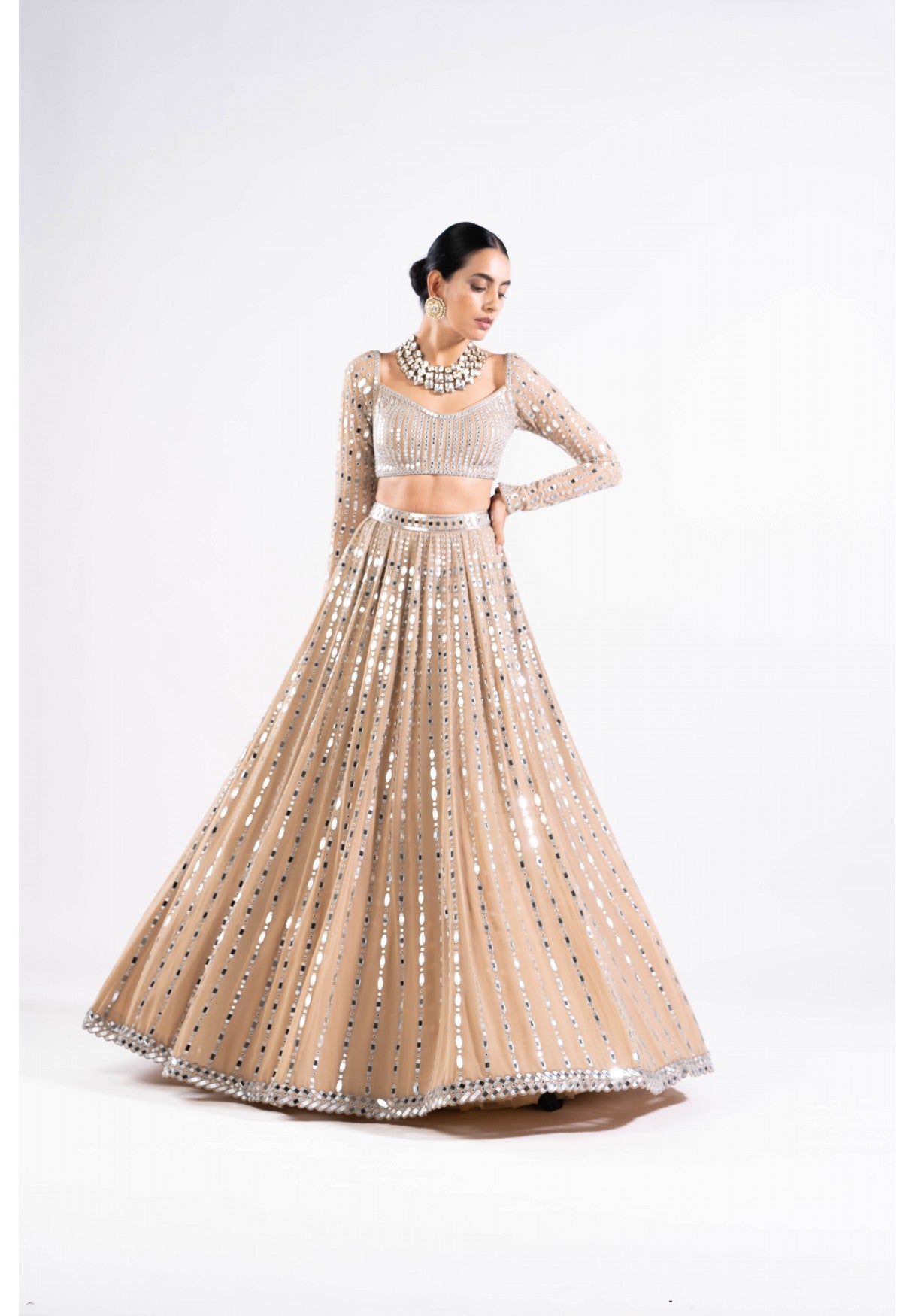 Beige Linear Drop Lehenga Set