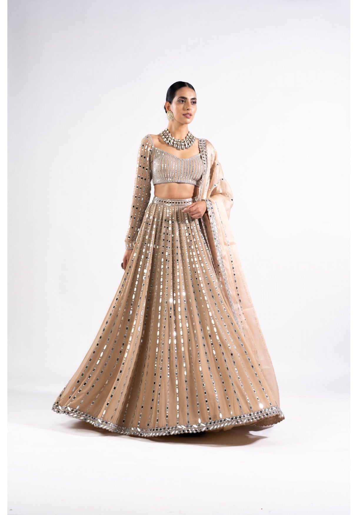 Beige Linear Drop Lehenga Set
