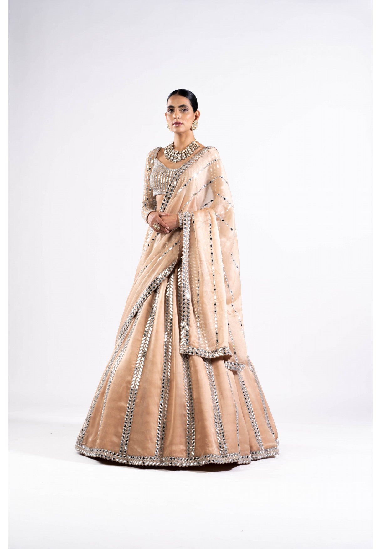Beige Mirror Seam Lehenga With Mirror Blouse
