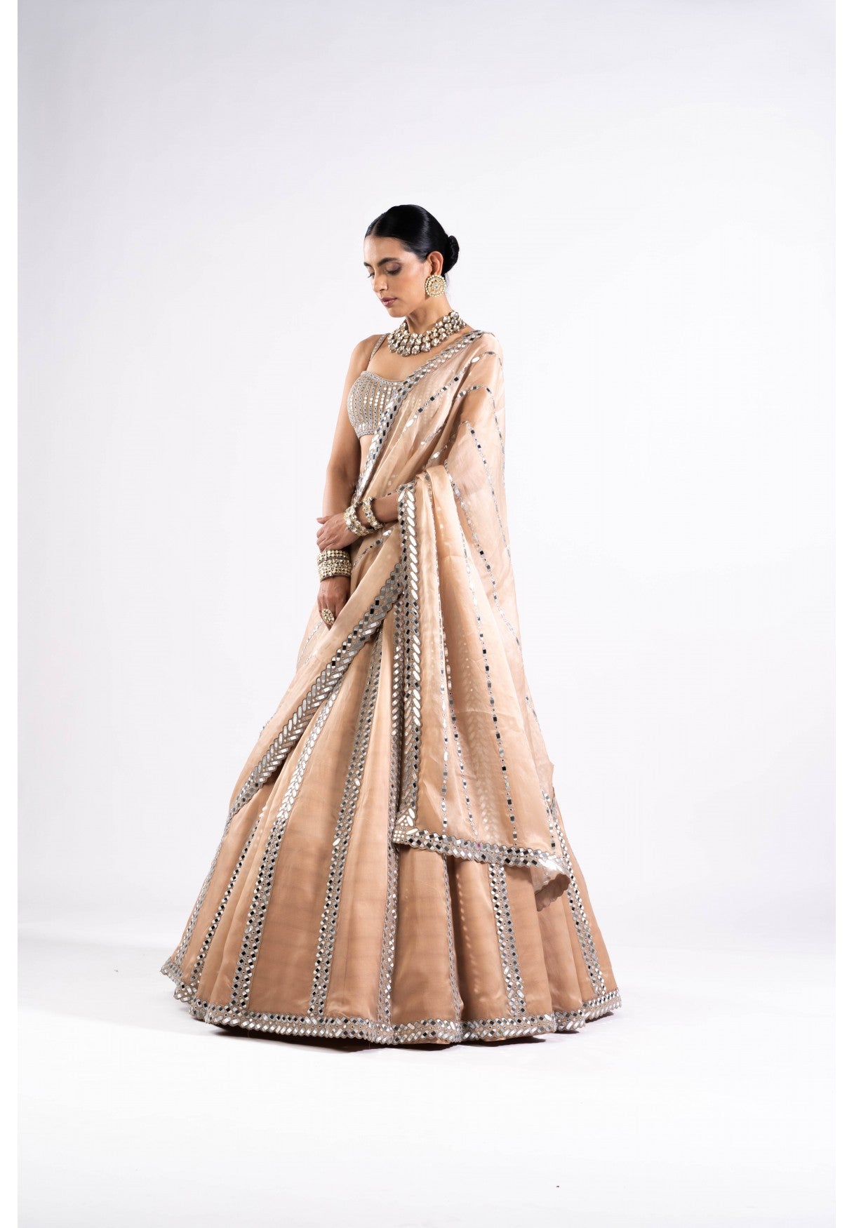 Beige Mirror Seam Lehenga Set
