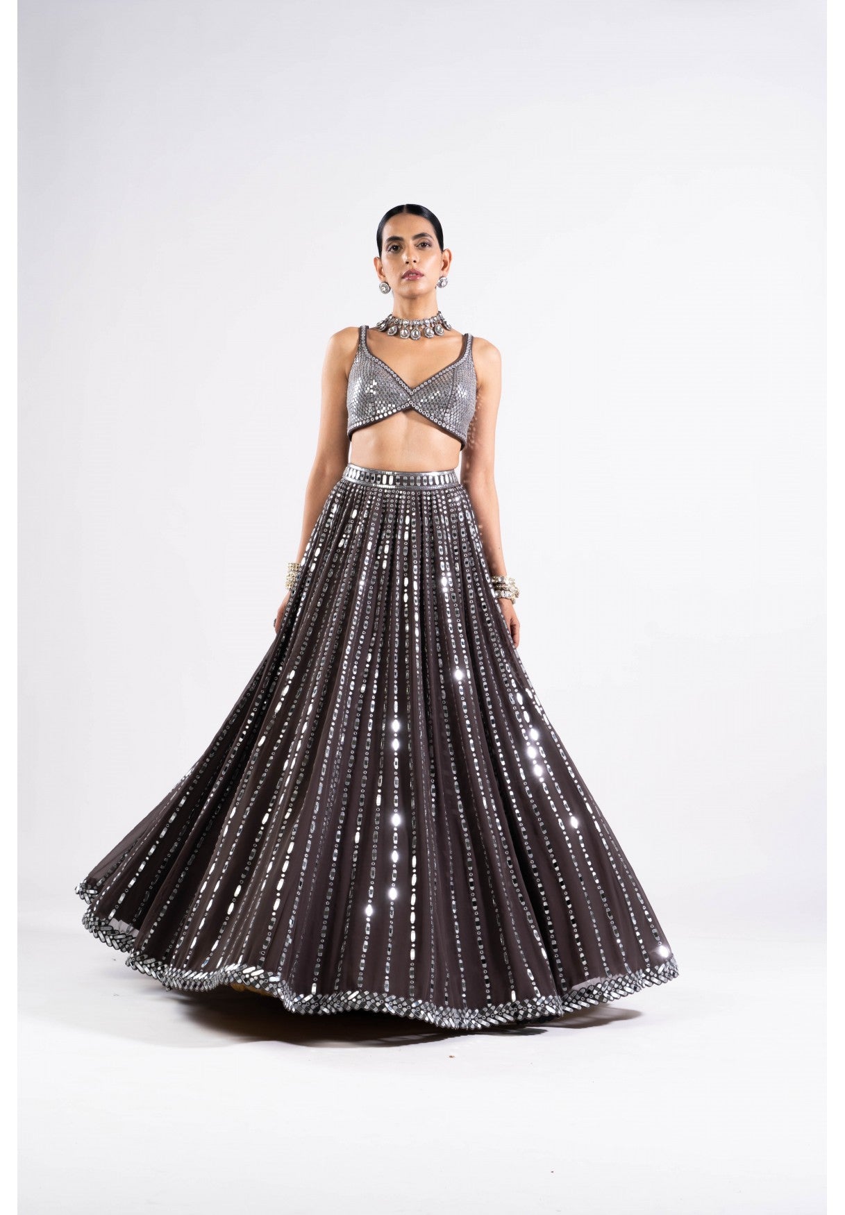 Charcoal Grey Linear Drop Lehenga With Metallic Blouse