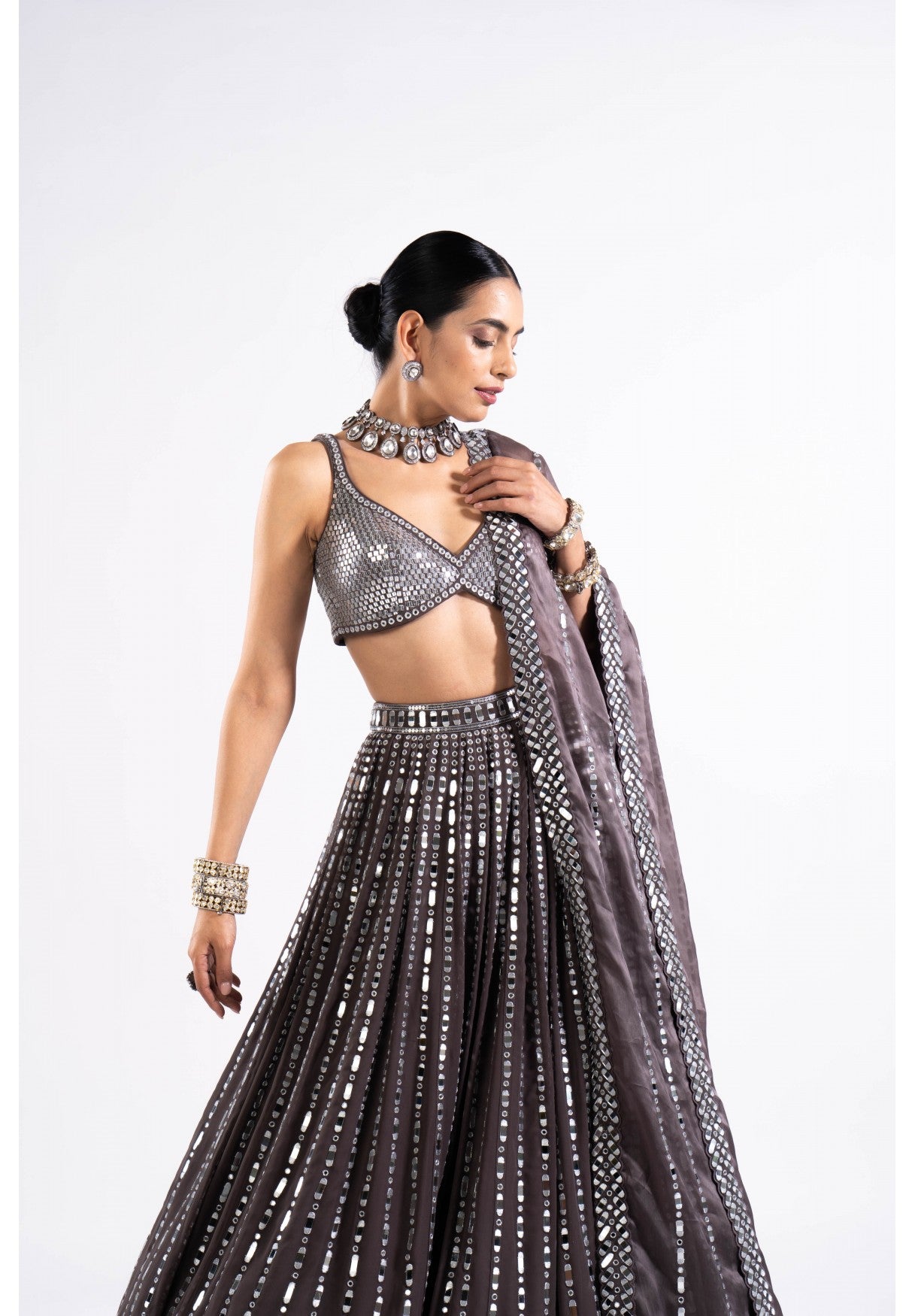 Charcoal Grey Linear Drop Lehenga With Metallic Blouse